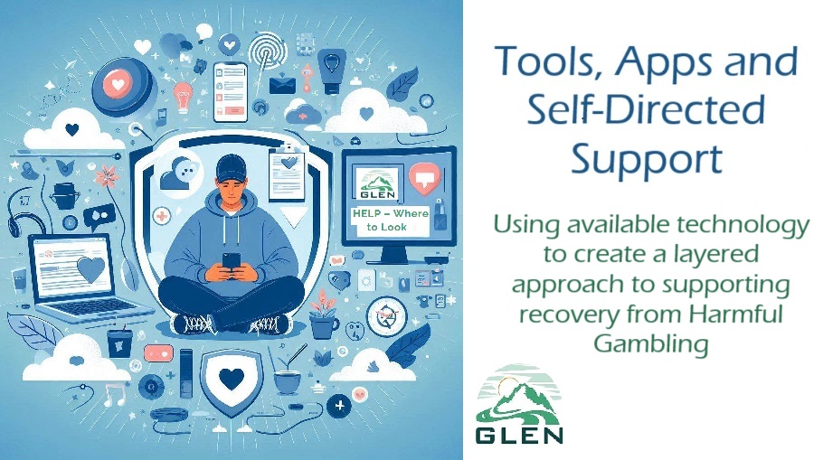 Person surrounded by various technology relating to gambling recovery